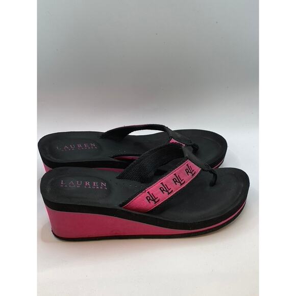 LAUREN RALPH LAUREN Women's Black-Pink Ellington Thong Wedge Sandals SZ 9 - Picture 1 of 8